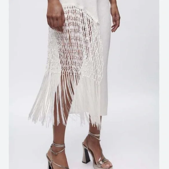 NEW ZARA 2023 WHITE LINEN LONG TUNIC DRESS WITH FRINGE SIZE XS RARE 7495/810 - Picture 5 of 5